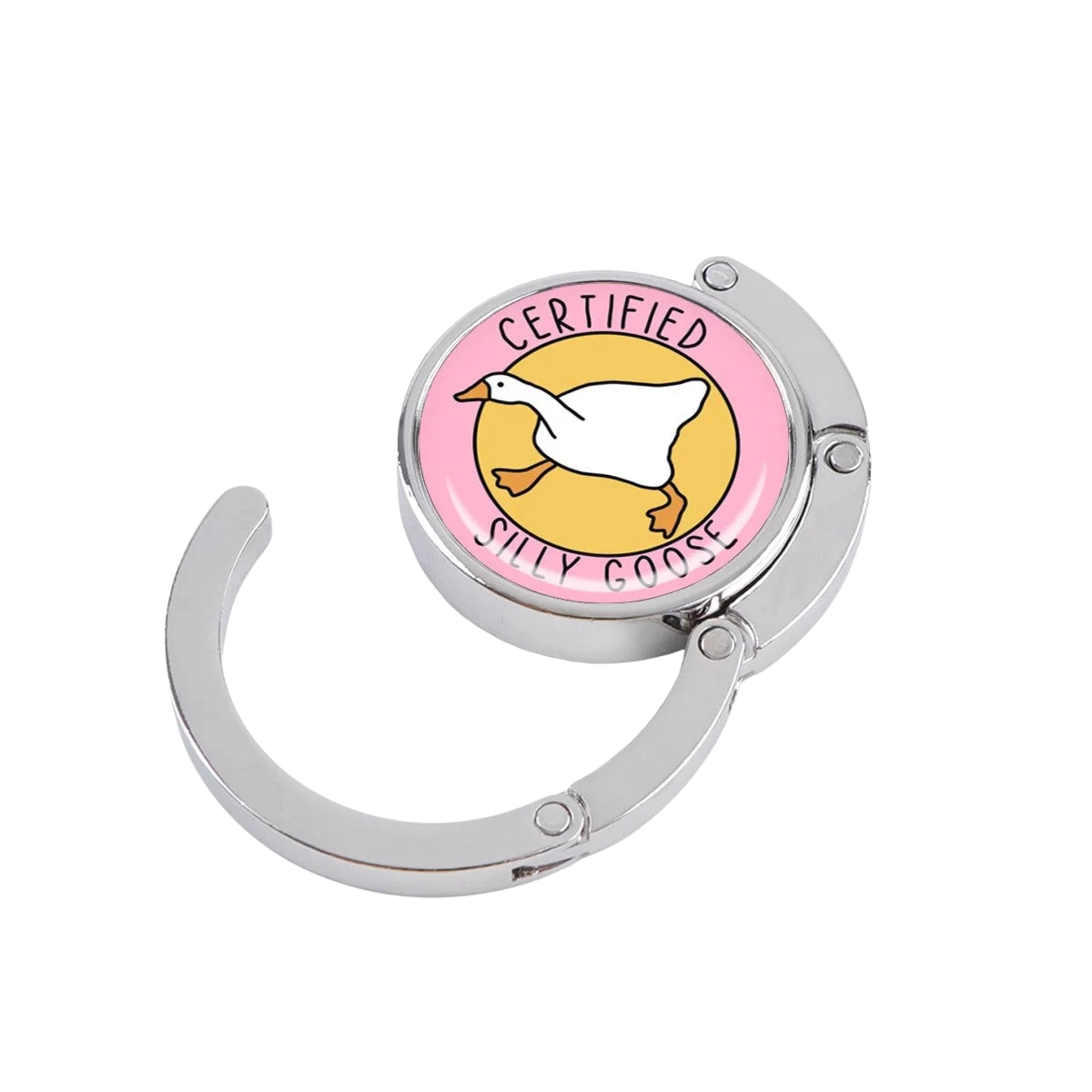 A silver metal C-shaped ring holder with a circular pink and yellow insert featuring a white goose illustration and the text 'CERTIFIED SILY GOOSE'.