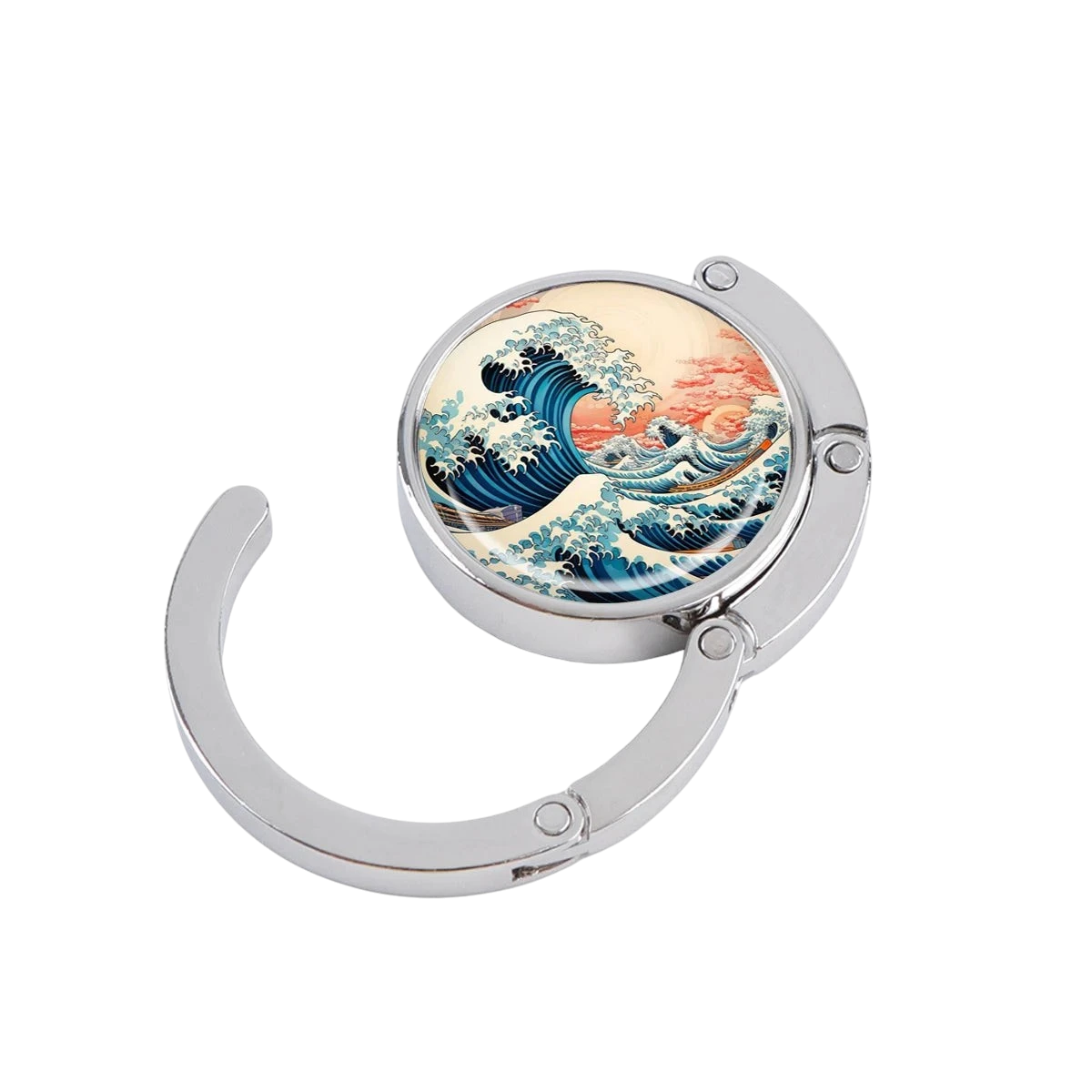 NOOX Blue Tide metal bag hanger with a Great Wave off Kanagawa art design, featuring a foldable magnetic mechanism.