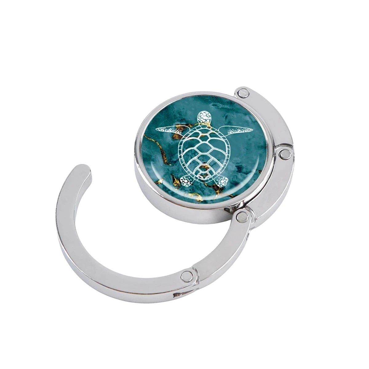 NOOX Laguna foldable metal bag hanger featuring a white sea turtle design on a deep turquoise marble background