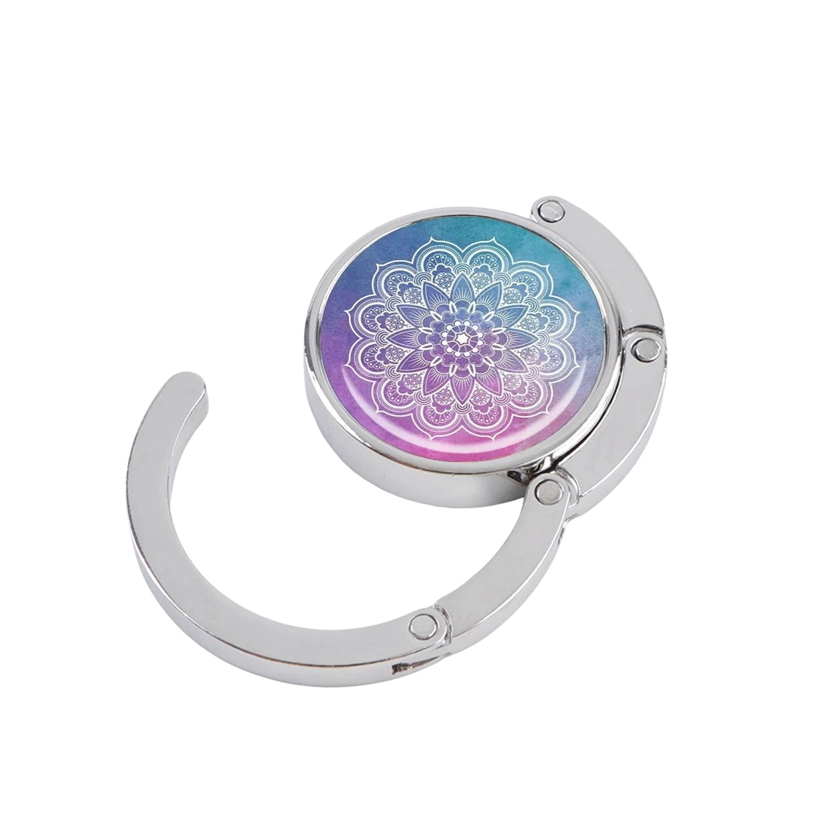 NOOX foldable metal bag hanger featuring a blue, purple, and pink mandala design for secure table-side bag storage.